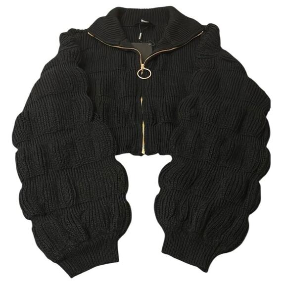 Black Full-Zip Cropped Sweater with Gold Accent- NWT - Picture 3 of 9